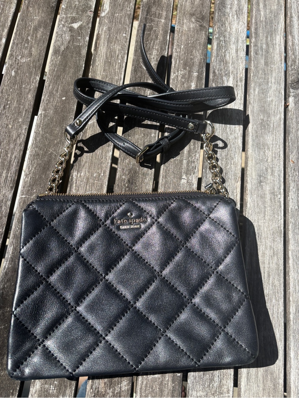 kate spade Black Quilted Leather Crossbody with Gold Chain
